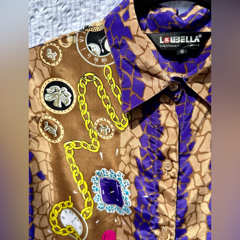 Vintage LouBella Baroque Chain Print Satin Blouse Gold Purple Sz 8 - Picture 2 of 9